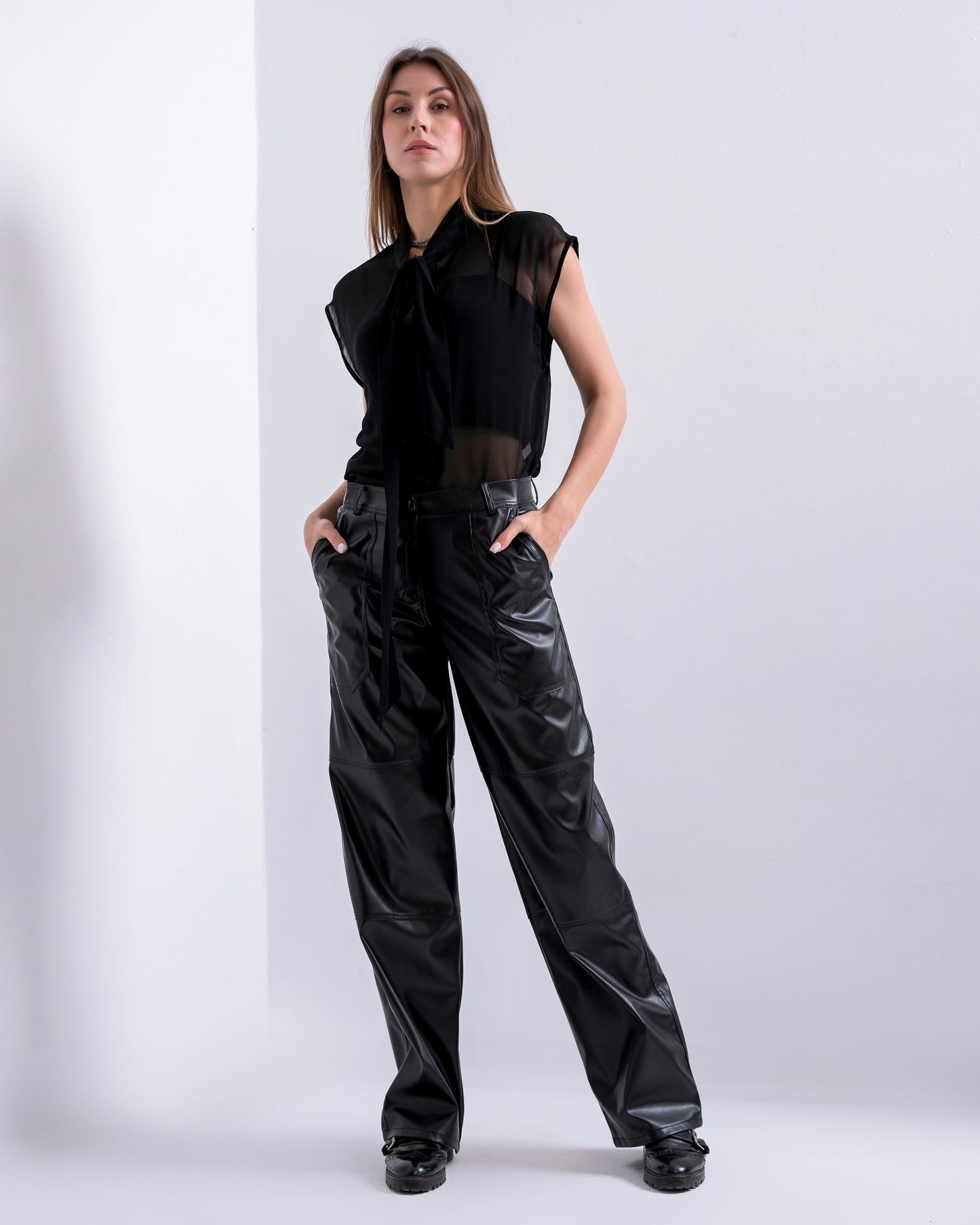 Black sleeveless chiffon blouse