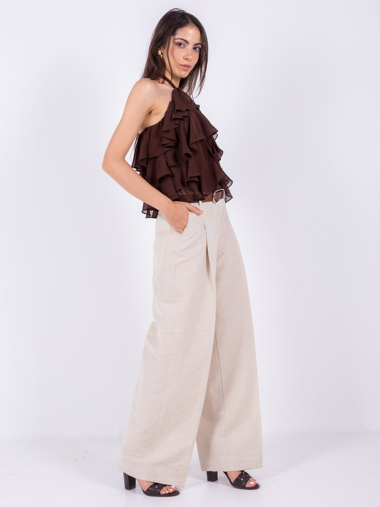 100%BEIGE LINEN WIDE-LEG PANTS