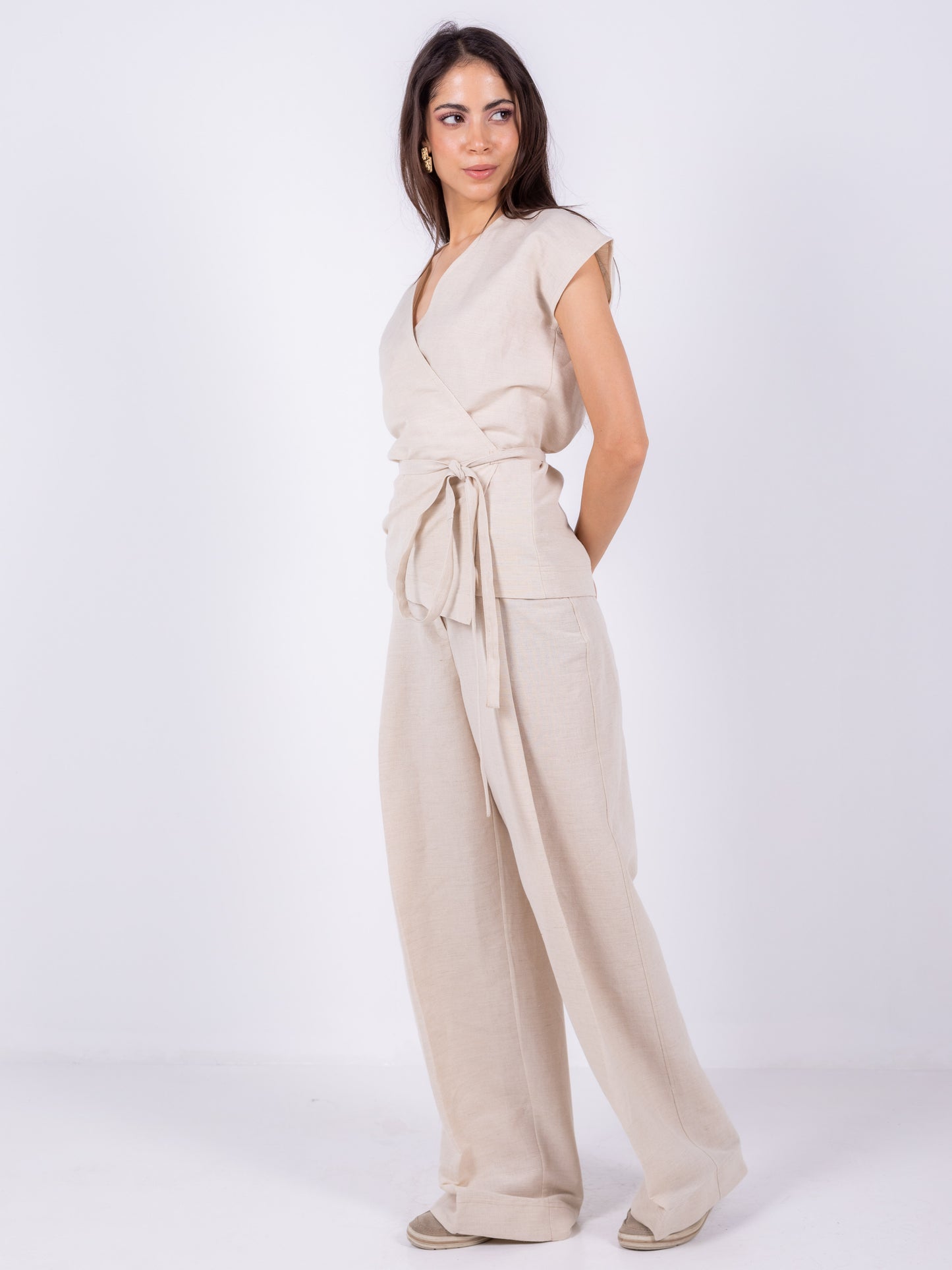 Beige Linen Crossover Kimono