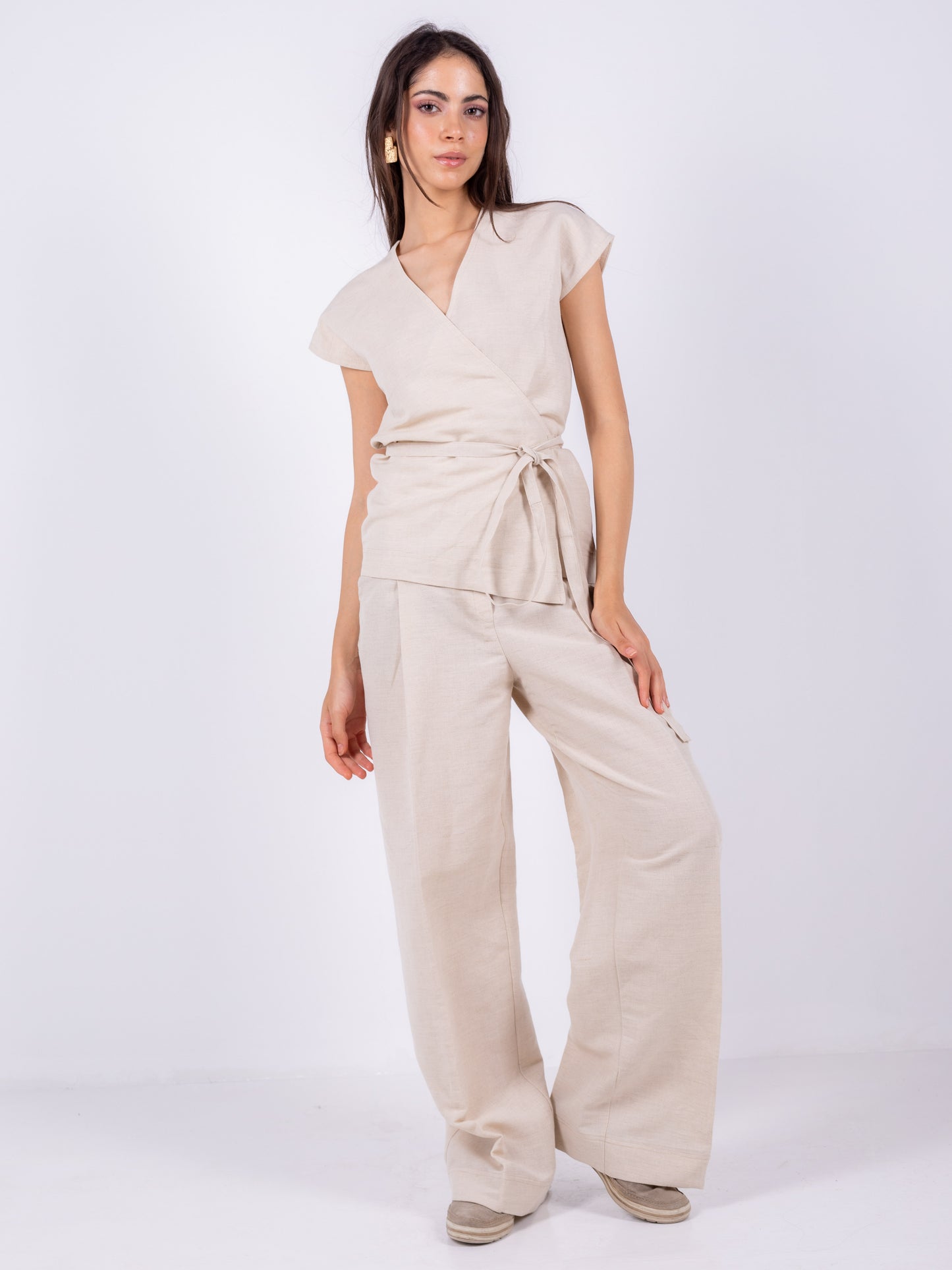 100%BEIGE LINEN WIDE-LEG PANTS