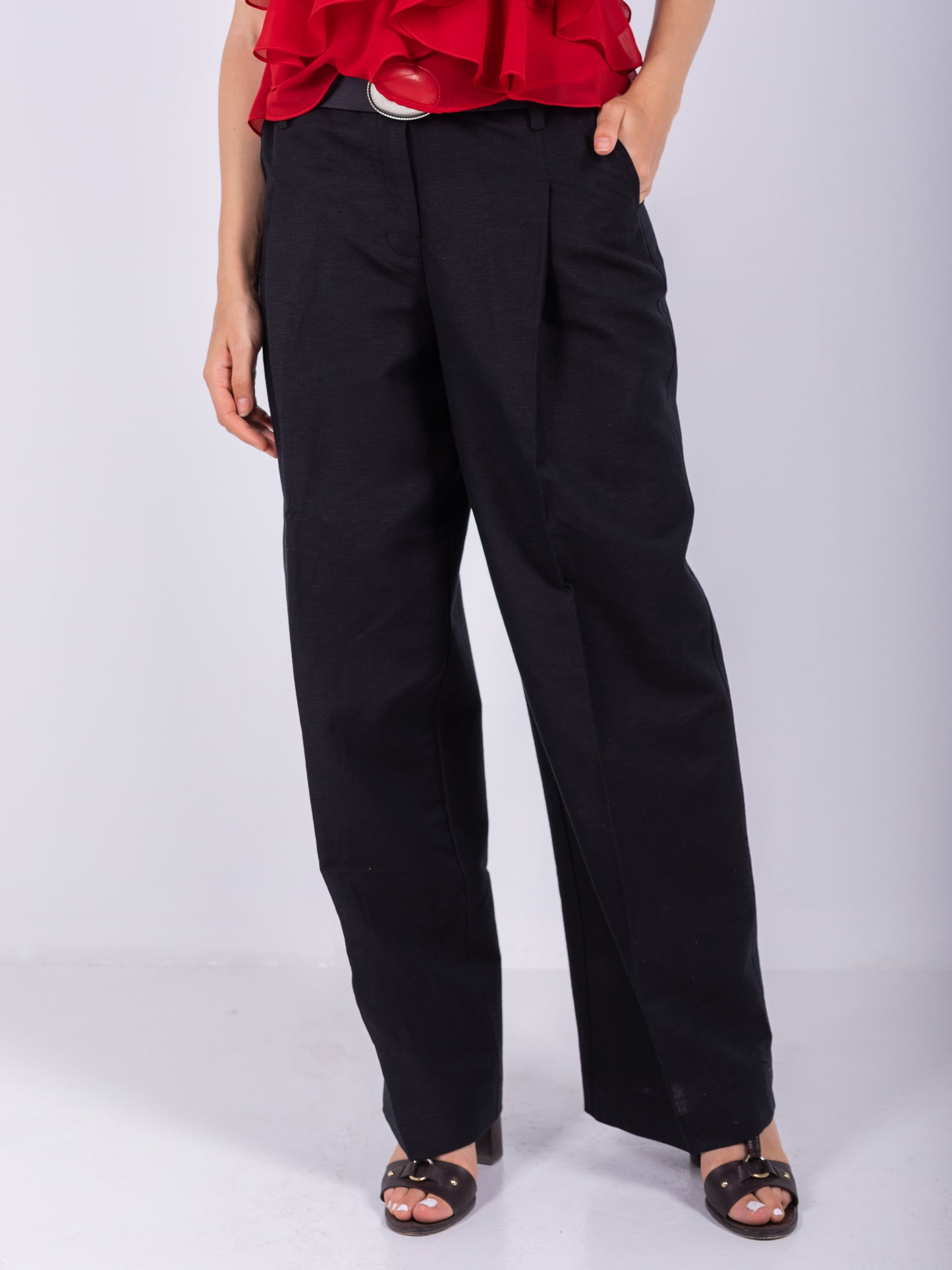 100% BLACK LINEN WIDE-LEG PANTS