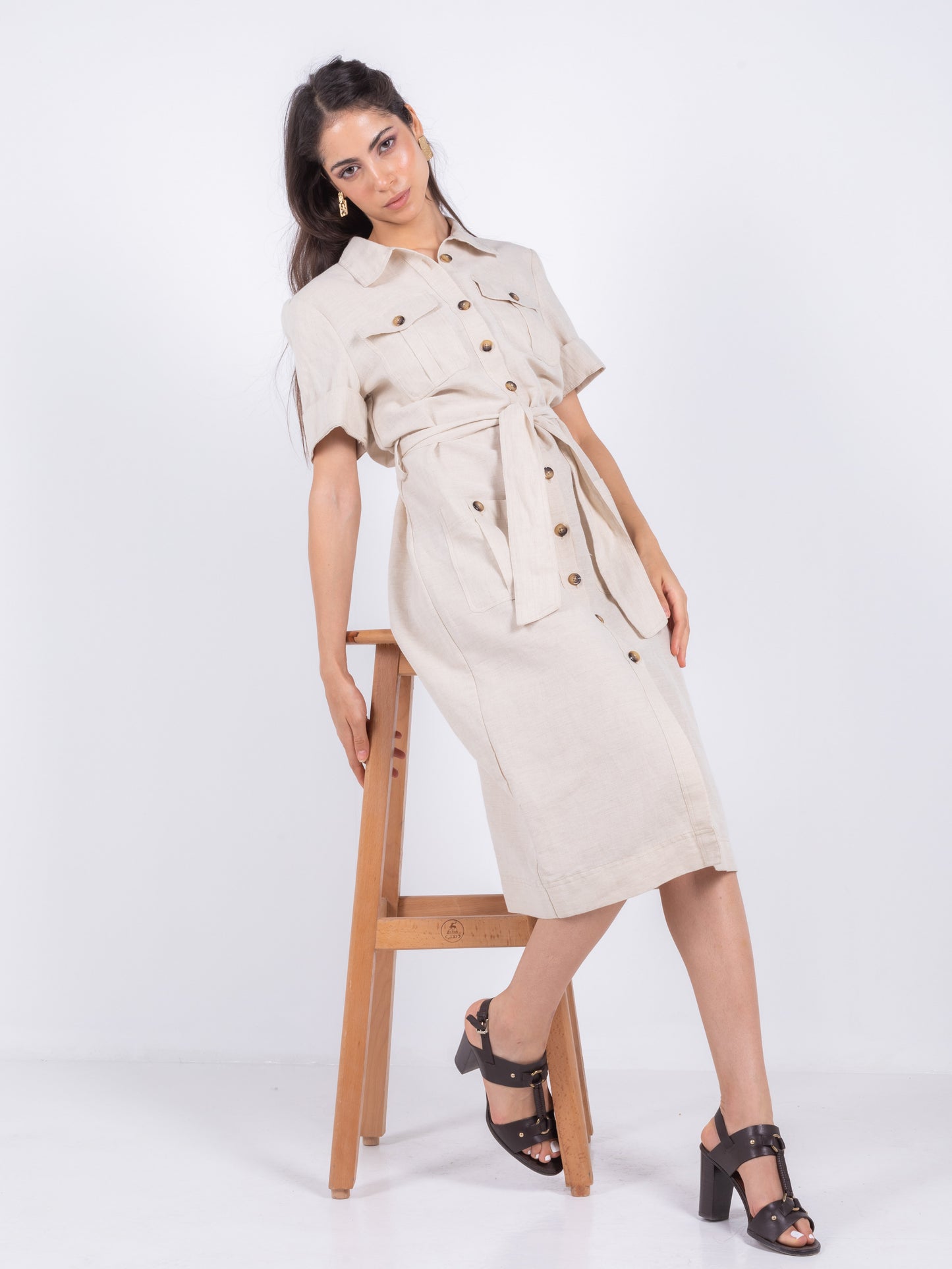 MIDI BEIGE LINEN BEIGE DRESS