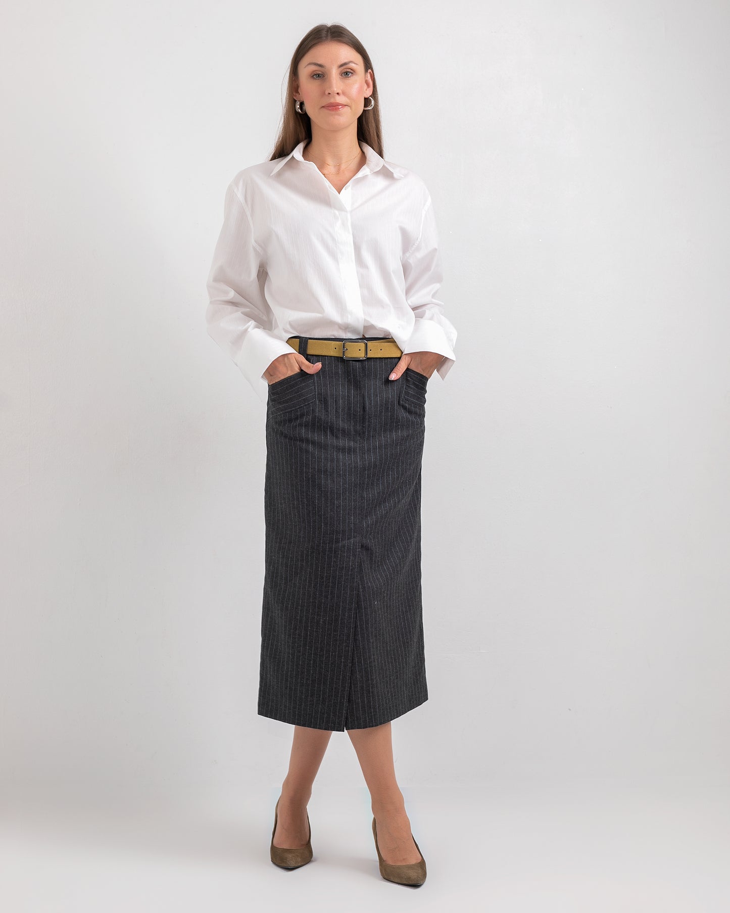 BLACK STRIPED MIDI SKIRT