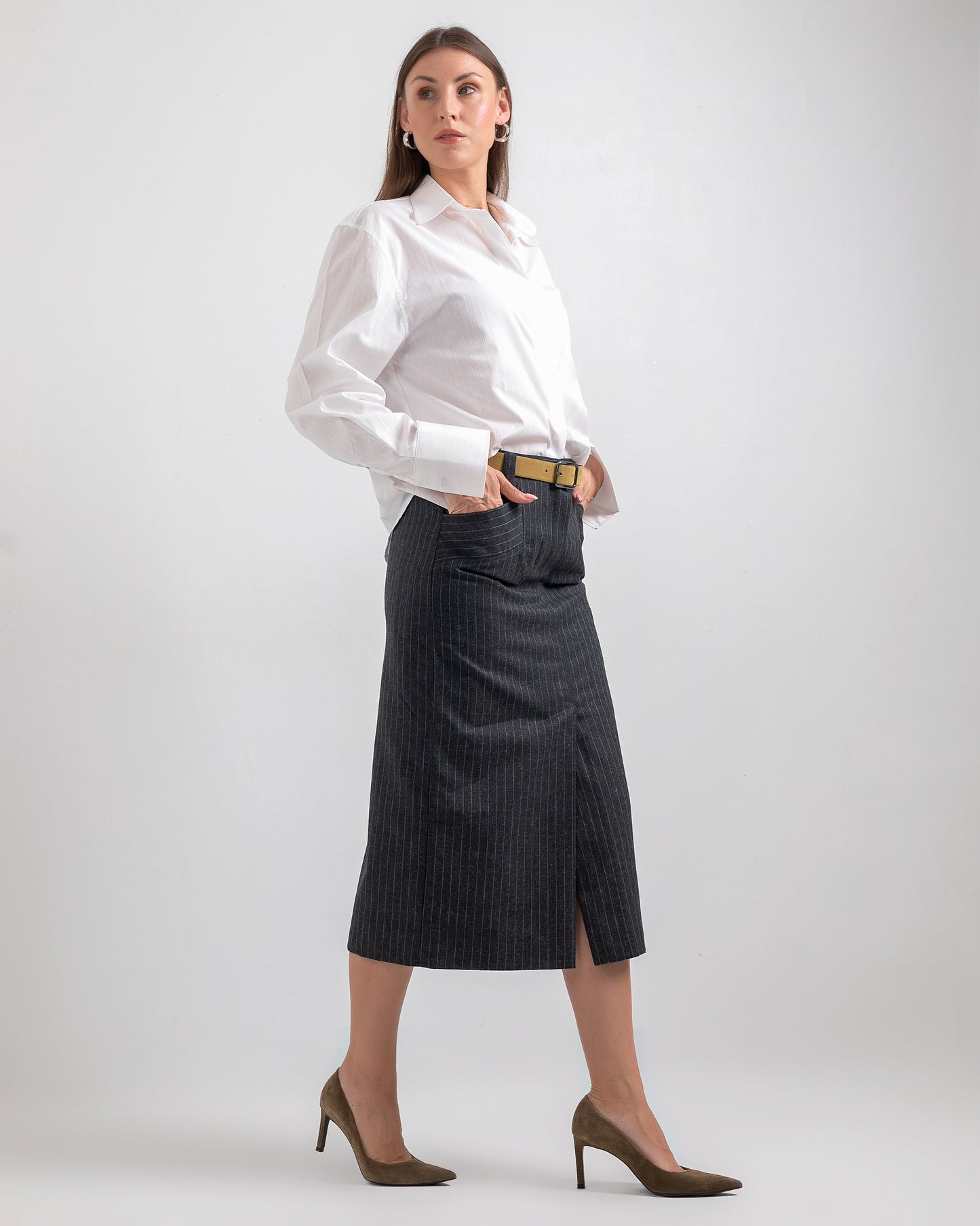 BLACK STRIPED MIDI SKIRT