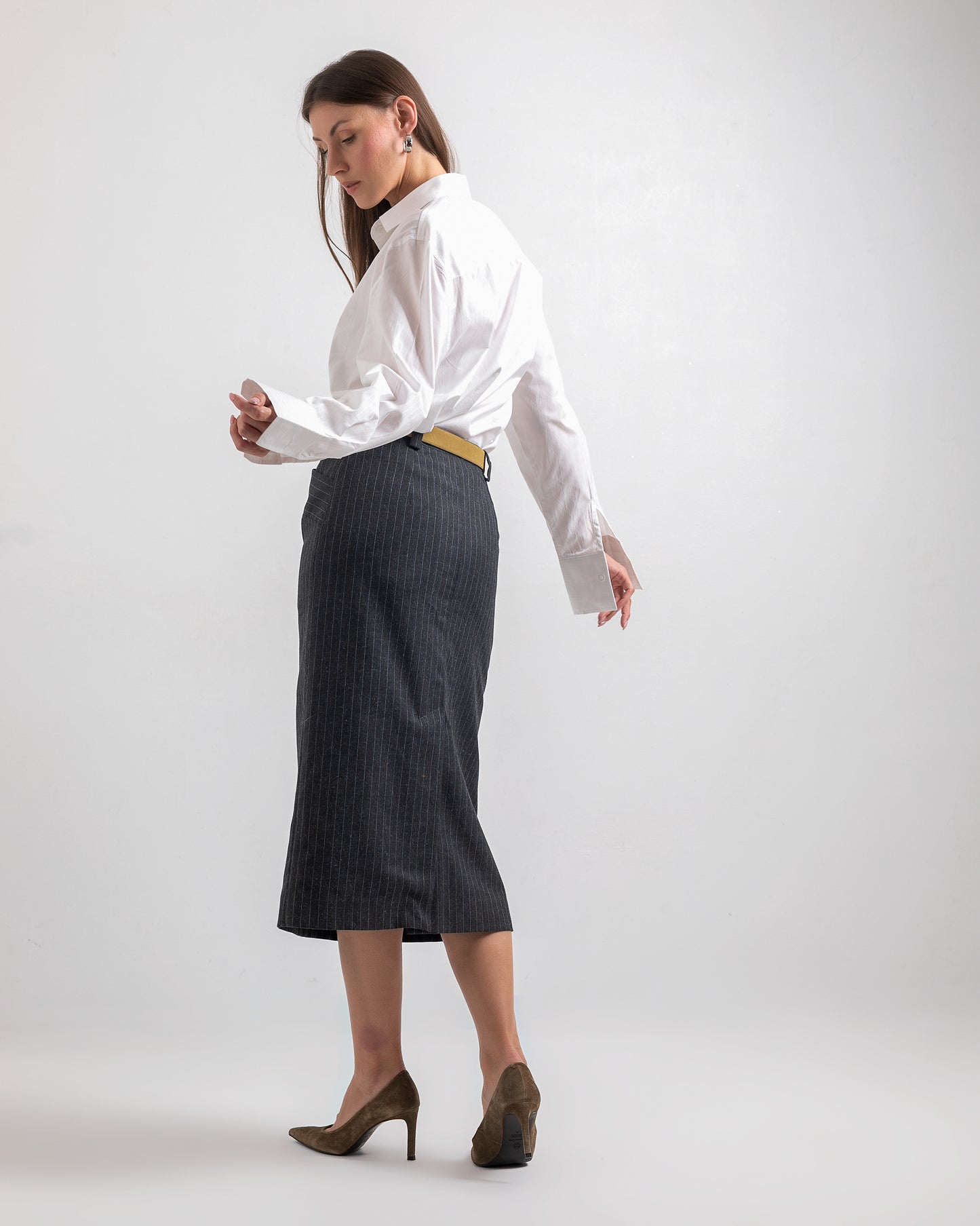 BLACK STRIPED MIDI SKIRT