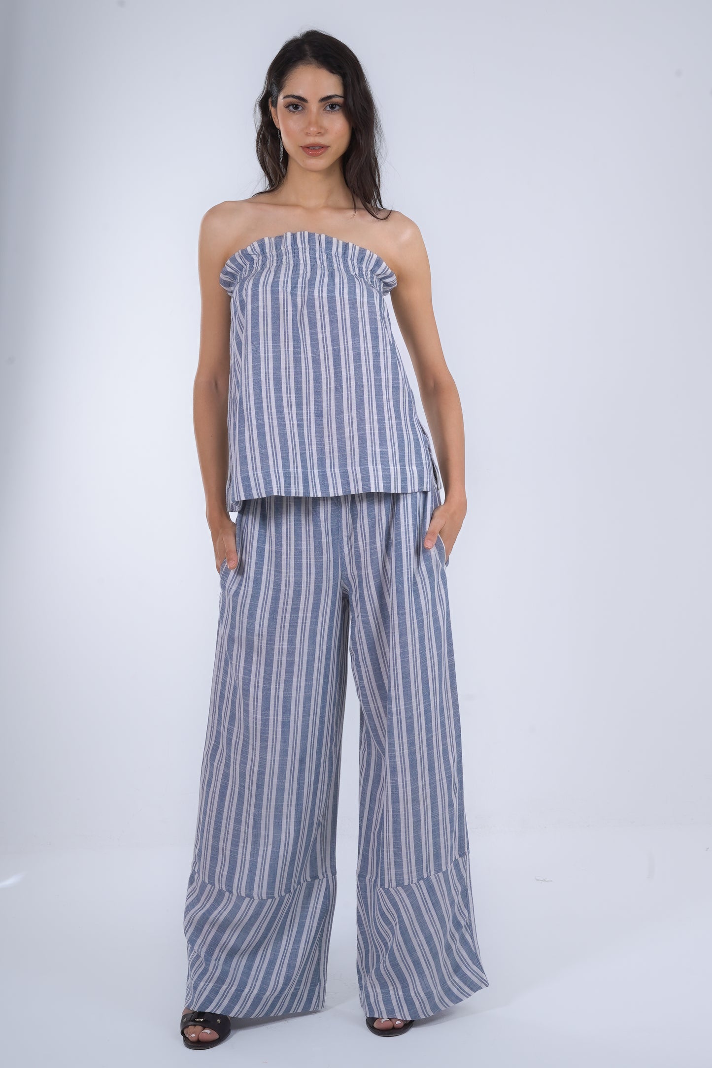 Blue Striped Wide Leg Linen Pants