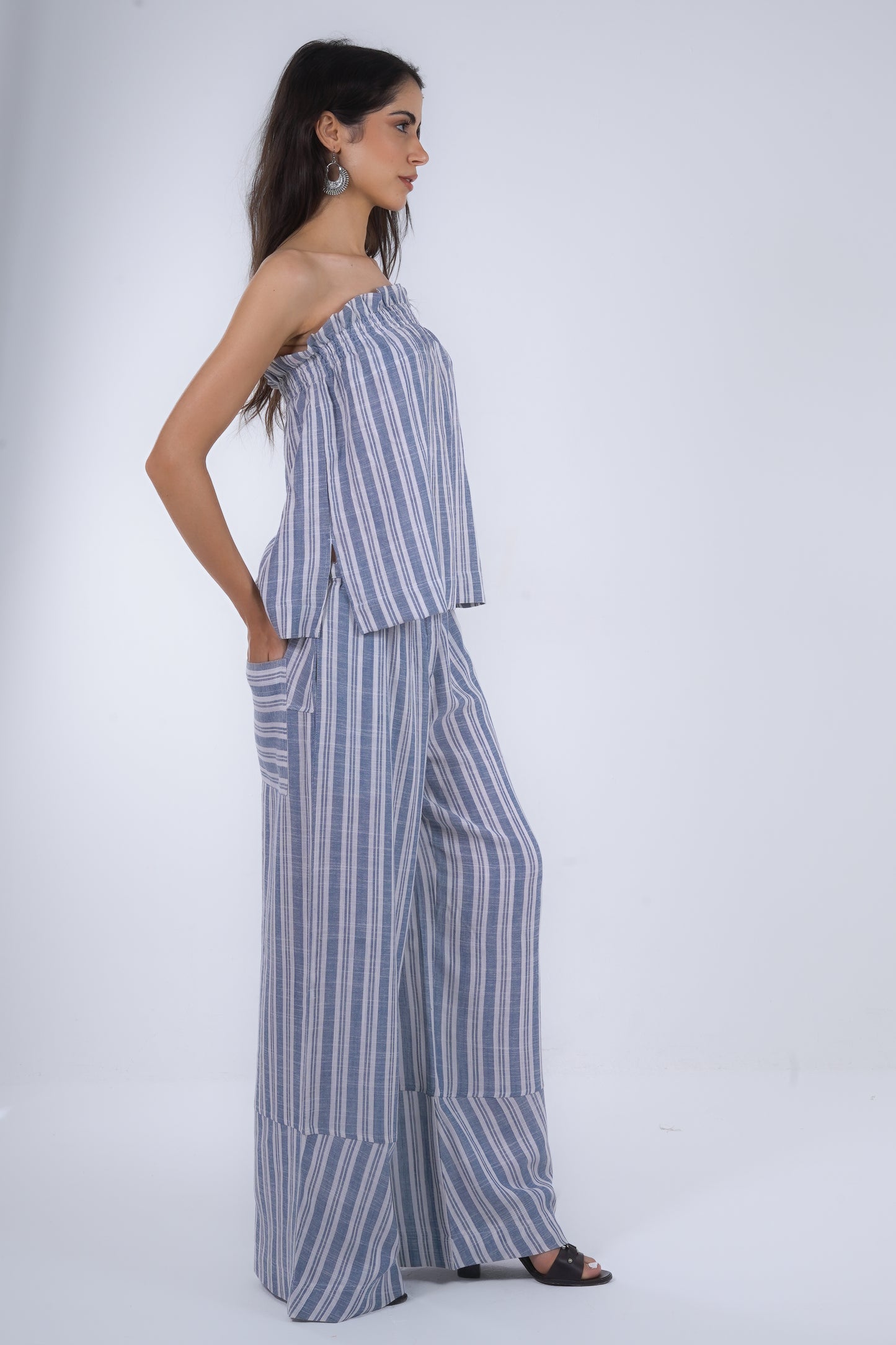 Blue Striped Wide Leg Linen Pants