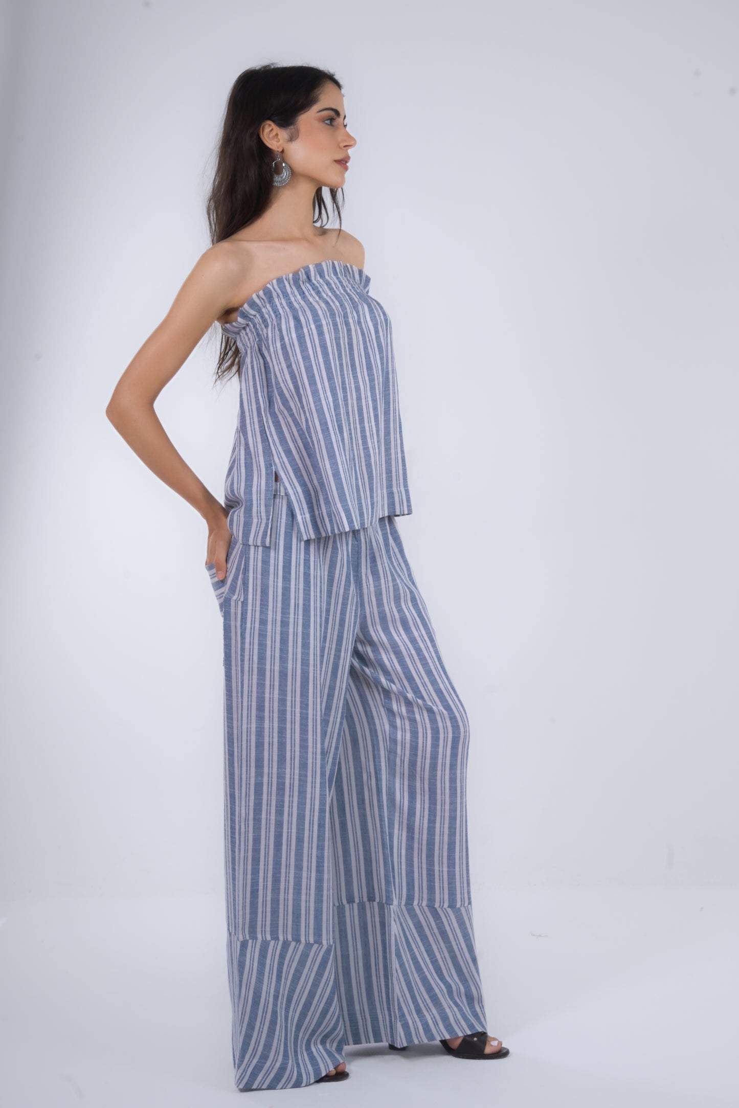 Blue Striped Wide Leg Linen Pants