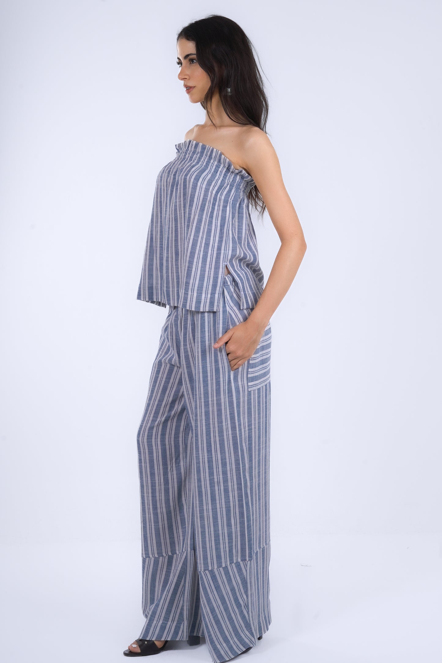 Blue Striped Wide Leg Linen Pants