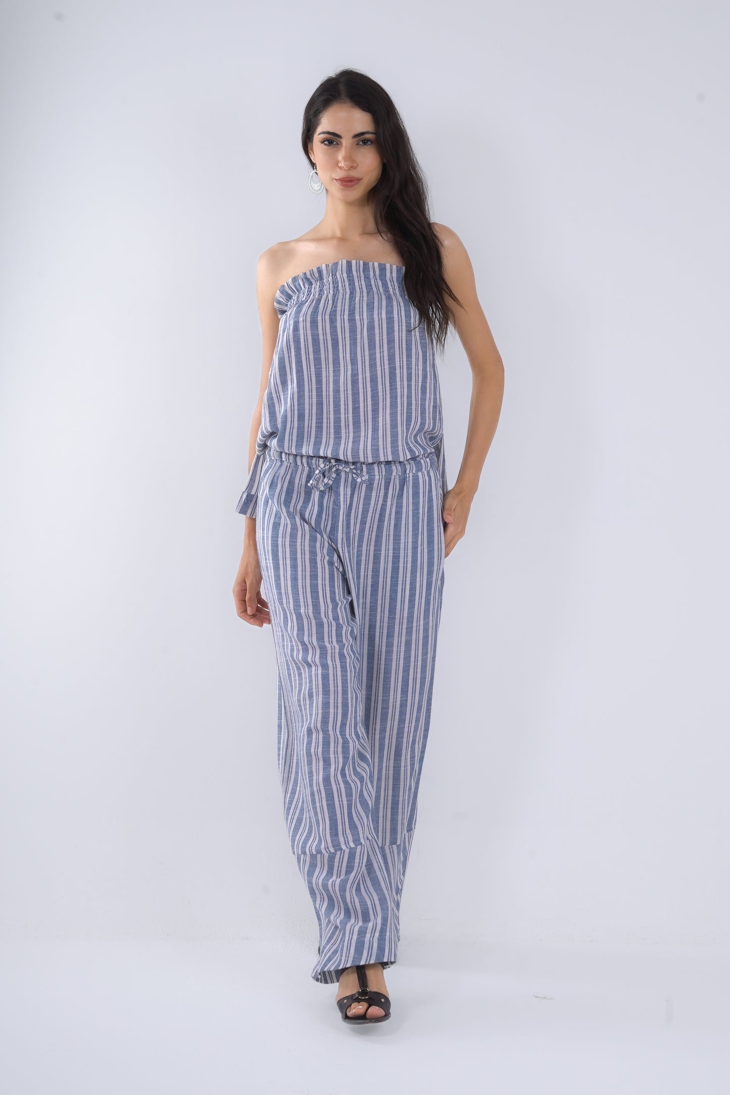 Blue Striped Wide Leg Linen Pants