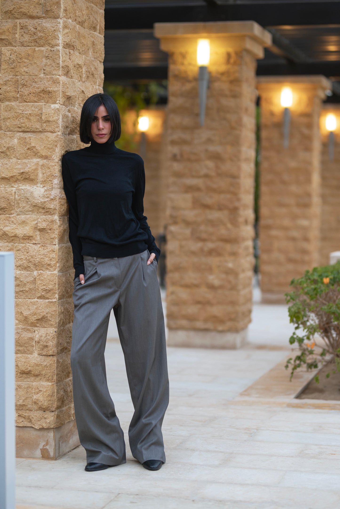 GREY PLEATED WIDE-LEG PANTS