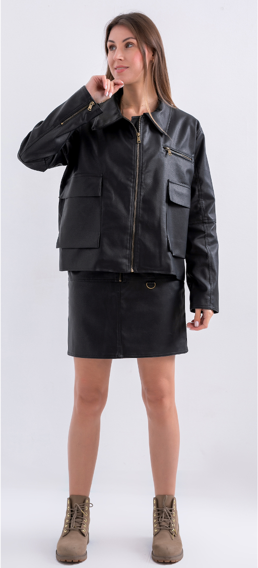 BLACK Leather Jacket & Skirt