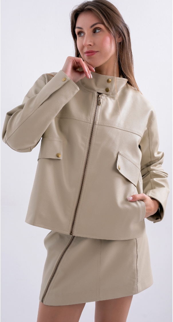 Beige Leather Jacket & Skirt