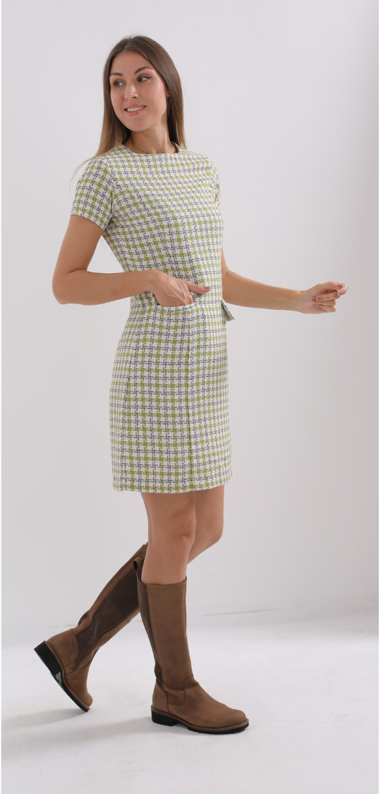 Green-white tweed short dress