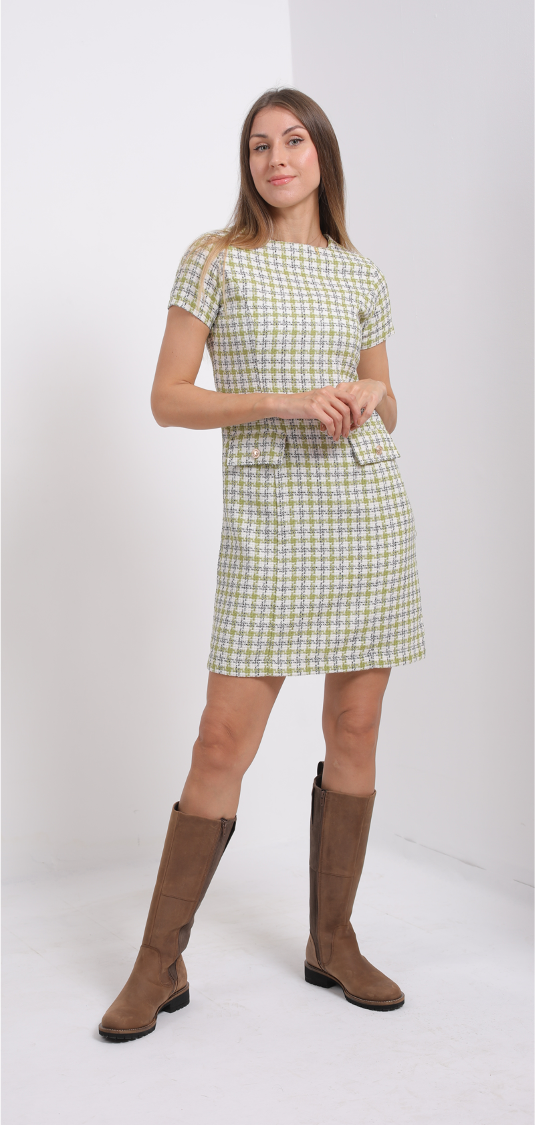 Green-white tweed short dress