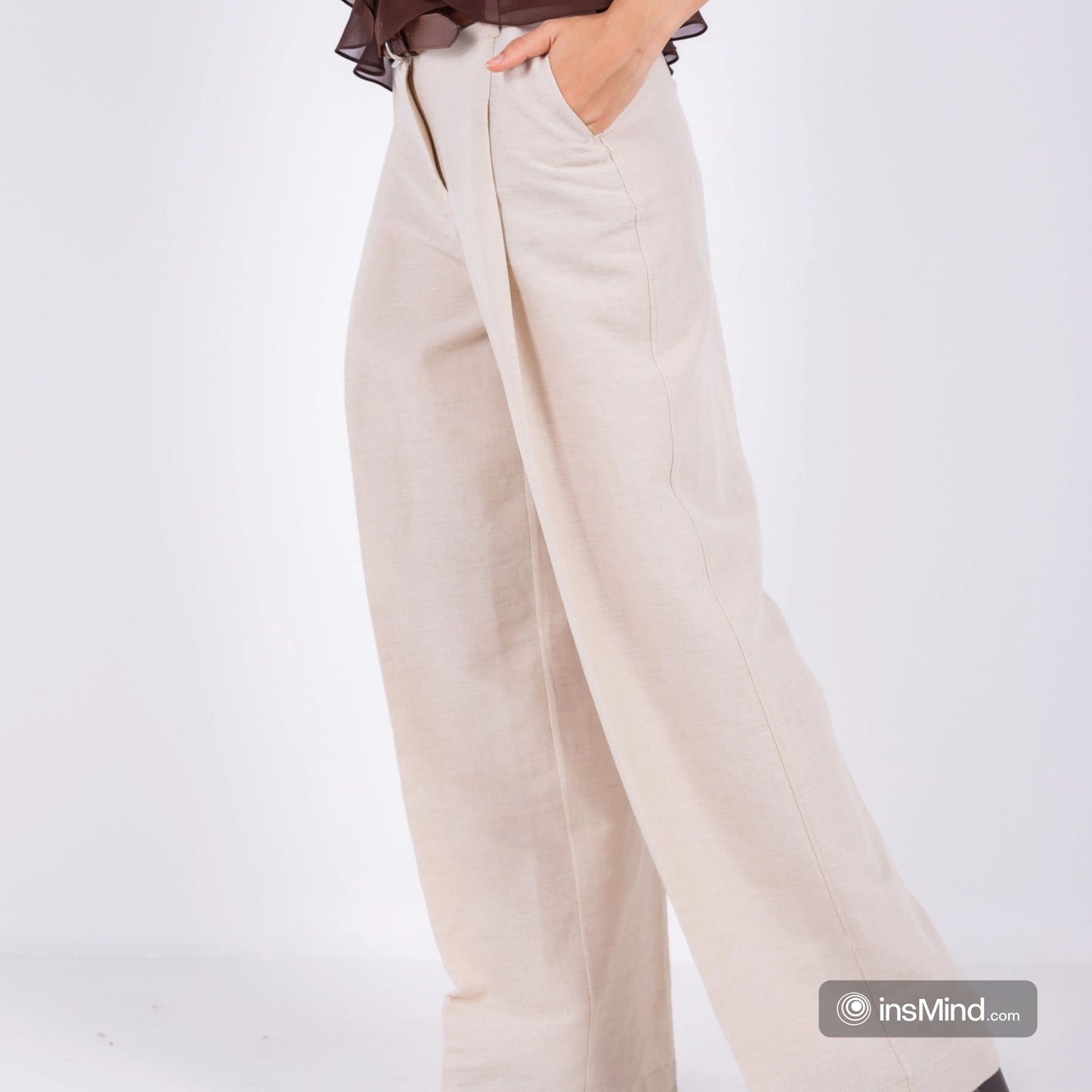 100%BEIGE LINEN WIDE-LEG PANTS