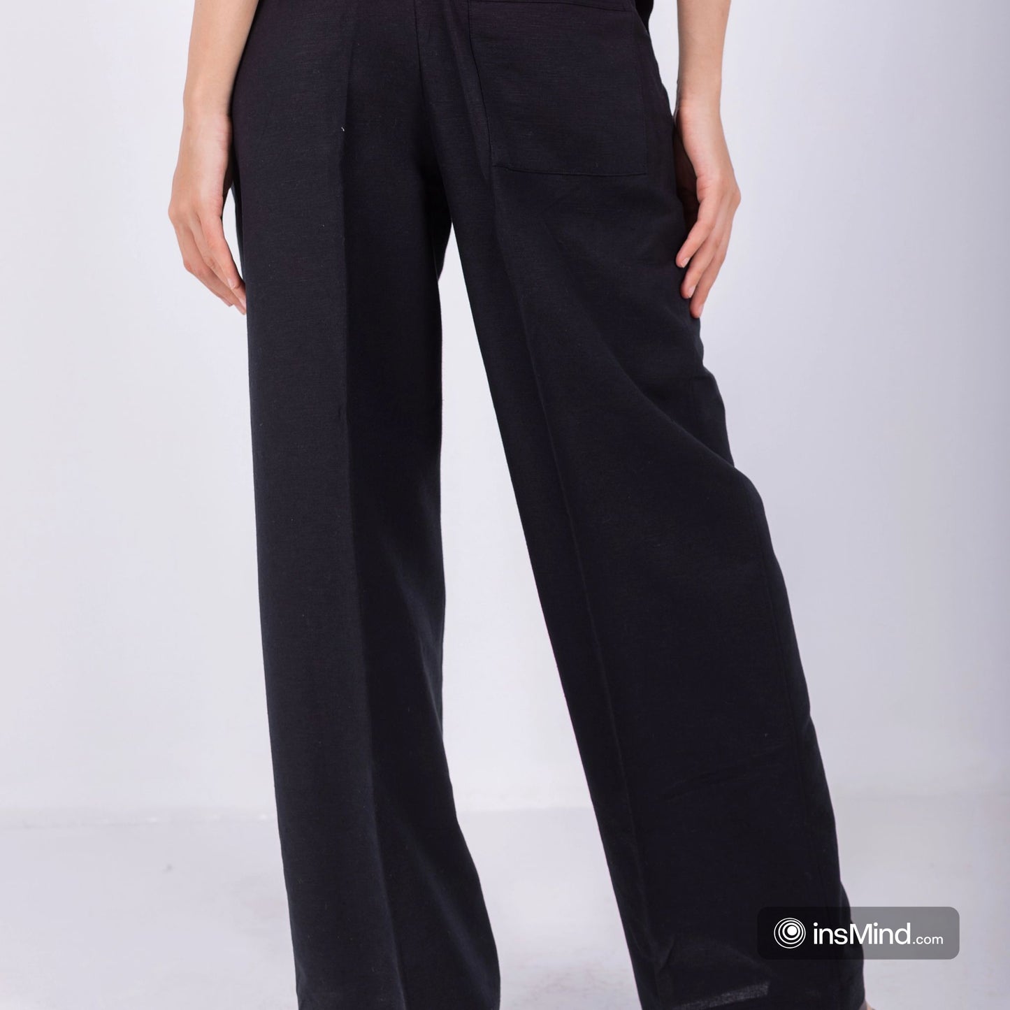 100% BLACK LINEN WIDE-LEG PANTS
