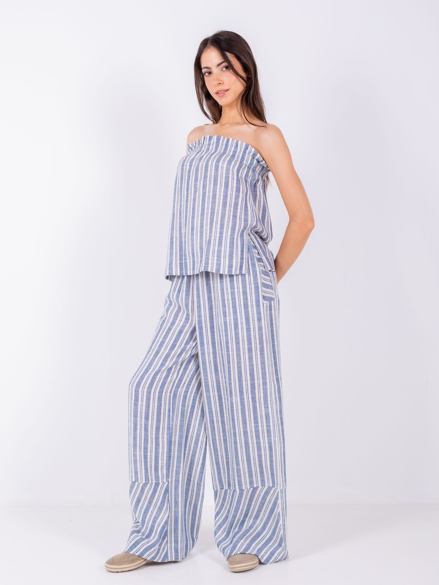 Blue Striped Wide Leg Pants, 100% Linen