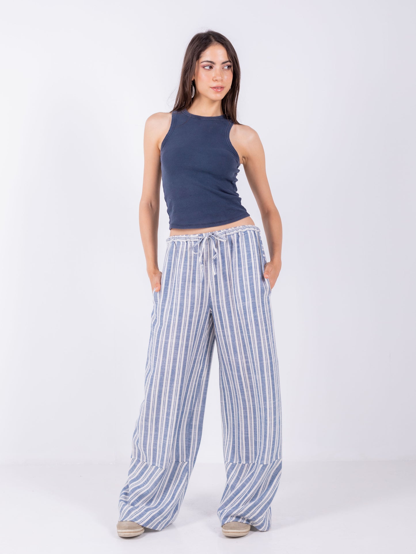 Blue Striped Wide Leg Pants, 100% Linen