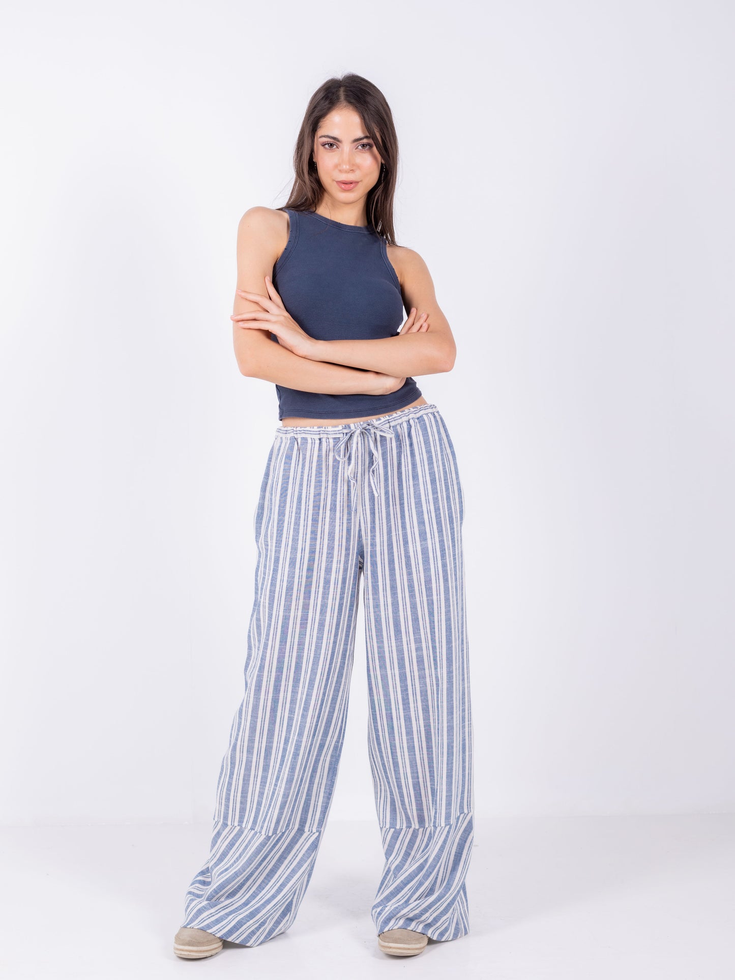 Blue Striped Wide Leg Pants, 100% Linen
