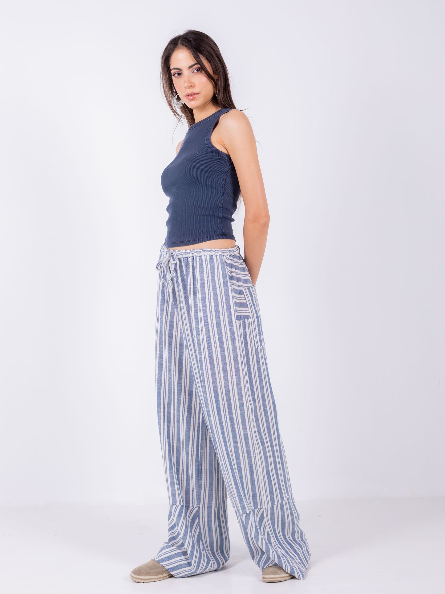 Blue Striped Wide Leg Pants, 100% Linen