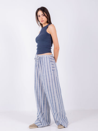 Blue Striped Wide Leg Pants, 100% Linen