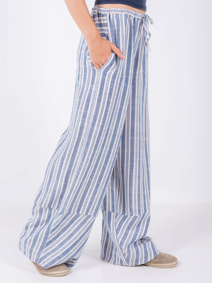 Blue Striped Wide Leg Pants, 100% Linen