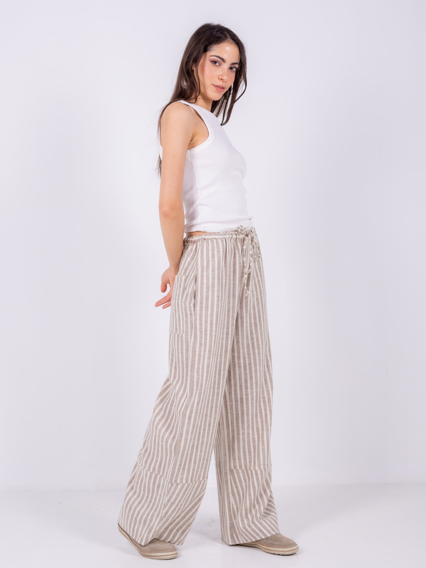 Beige Striped Wide Leg Pants, 100% Linen