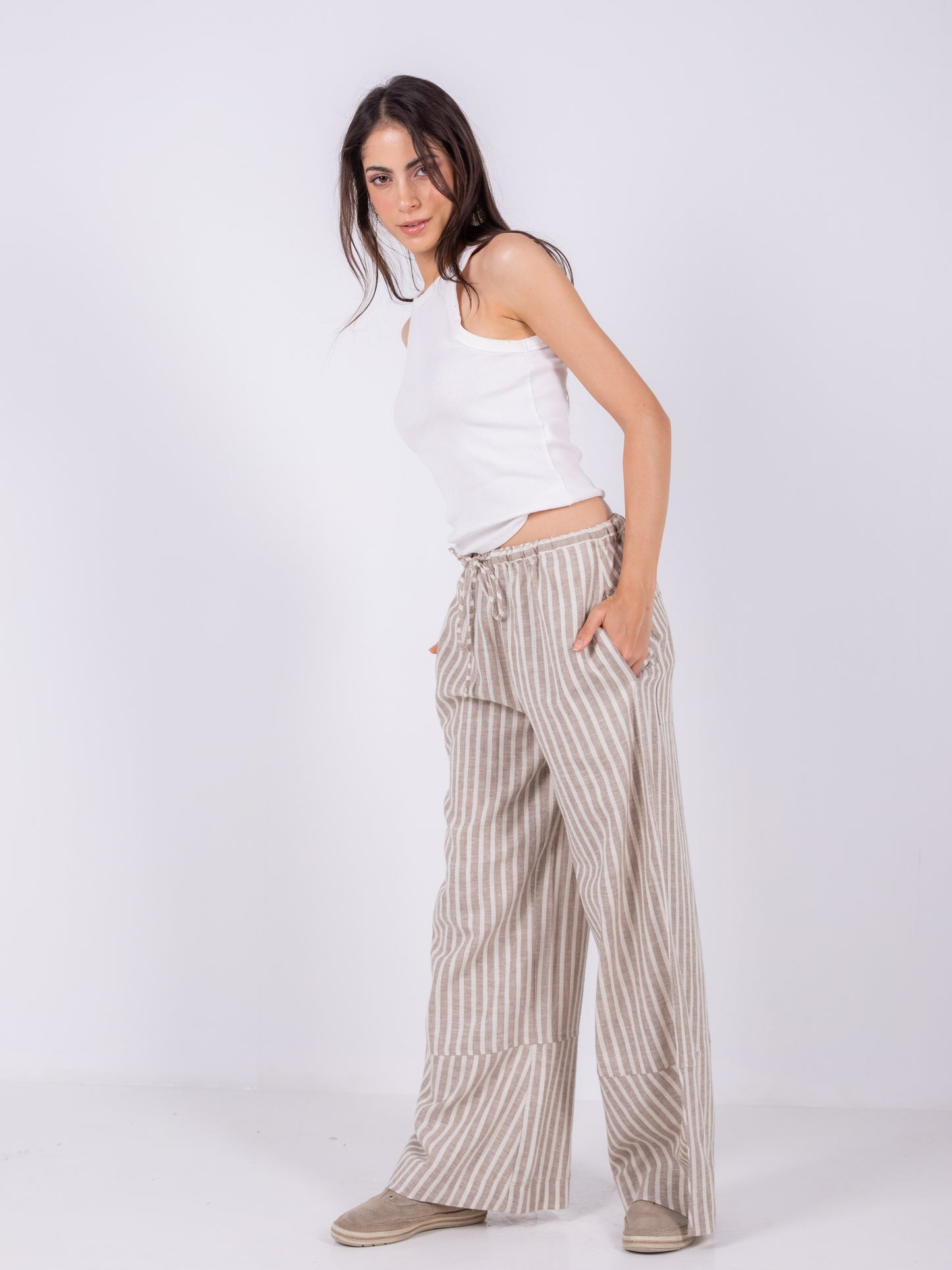 Beige Striped Wide Leg Pants, 100% Linen