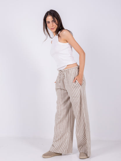 Beige Striped Wide Leg Pants, 100% Linen