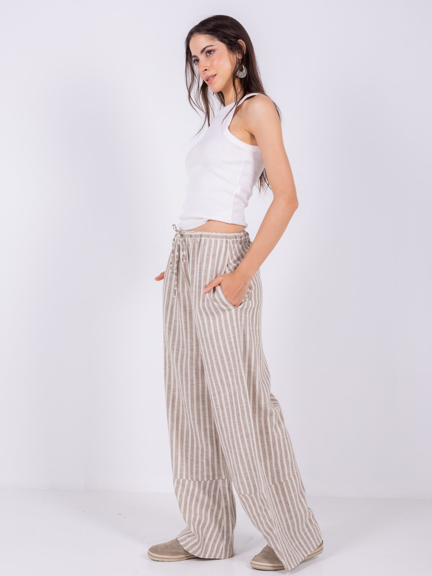 Beige Striped Wide Leg Pants, 100% Linen