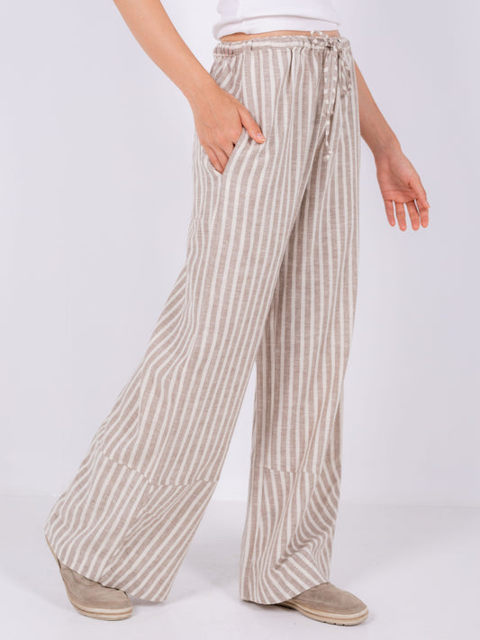 Beige Striped Wide Leg Pants, 100% Linen