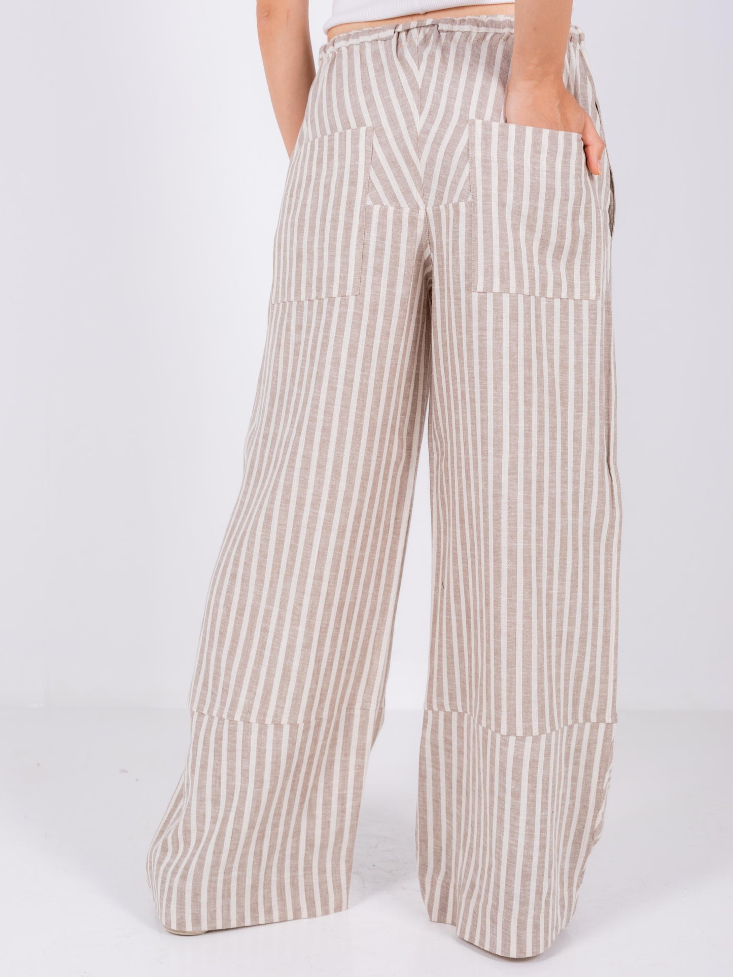 Beige Striped Wide Leg Pants, 100% Linen