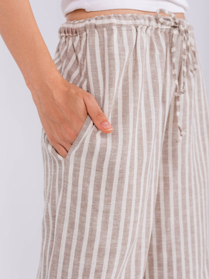 Beige Striped Wide Leg Pants, 100% Linen
