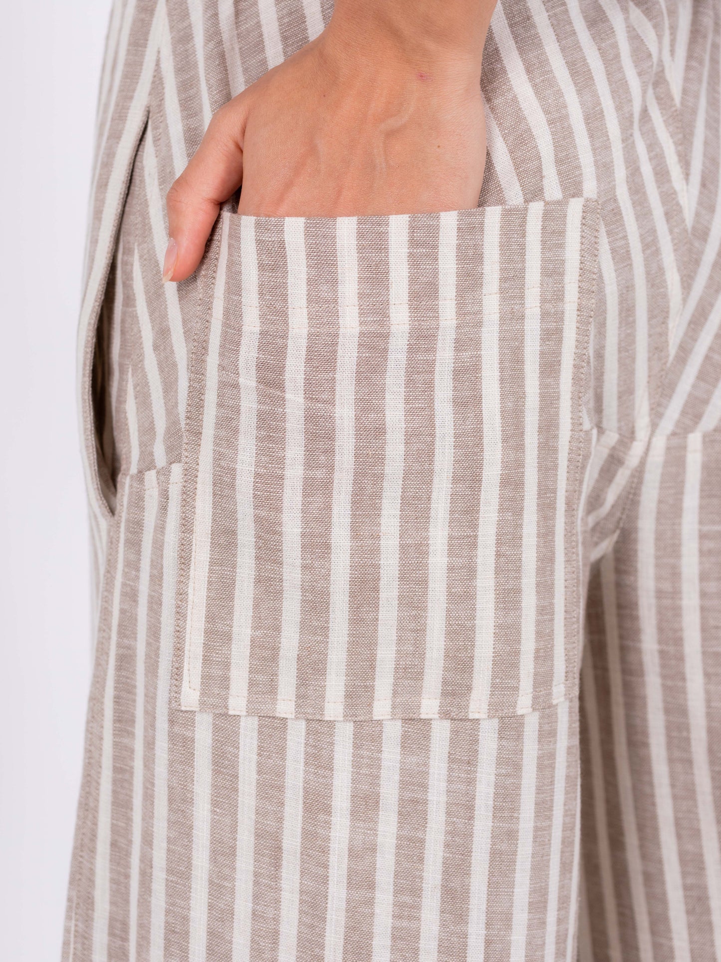 Beige Striped Wide Leg Pants, 100% Linen