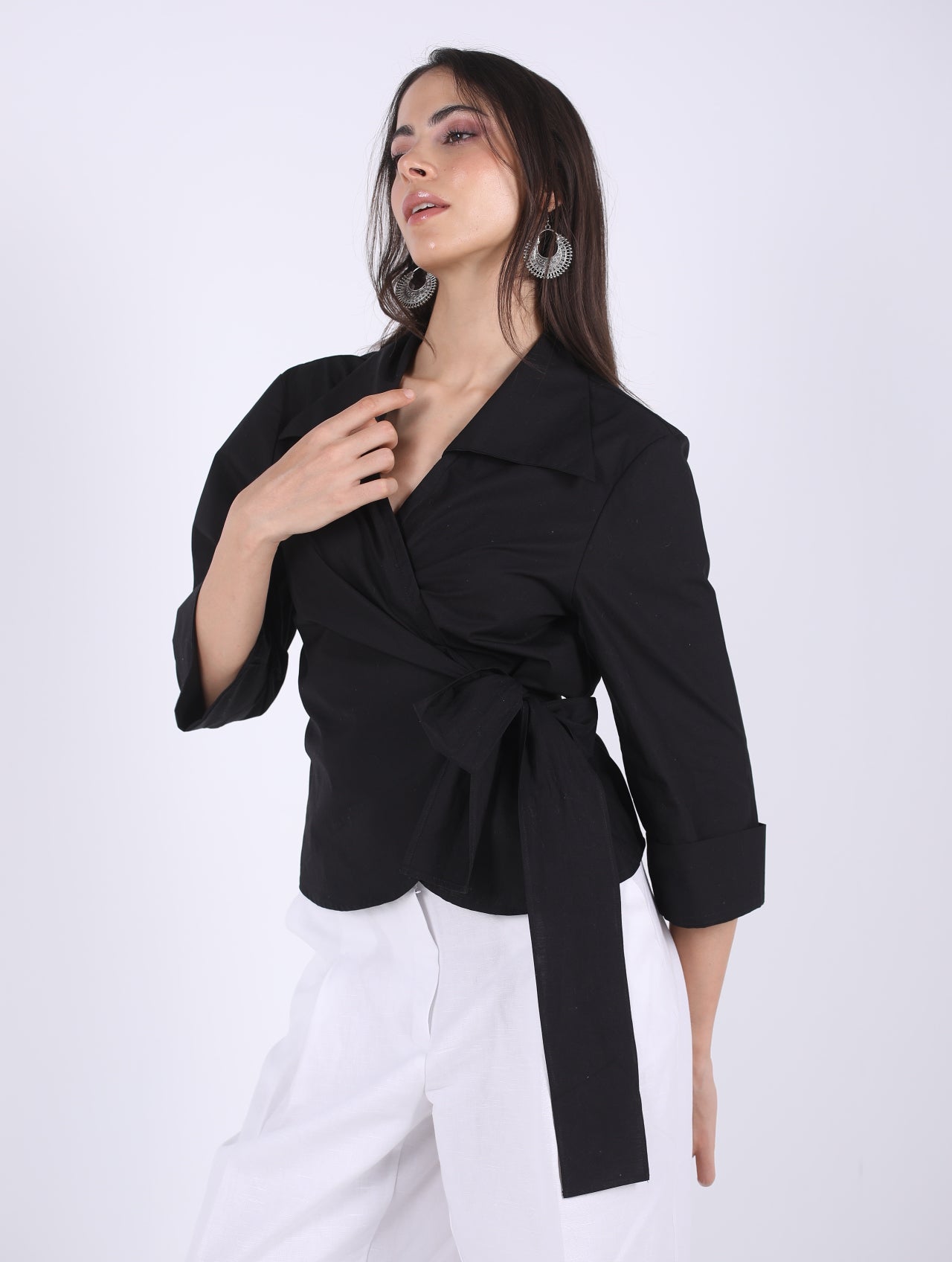 WRAP  BLACK COTTON  BLOUSE