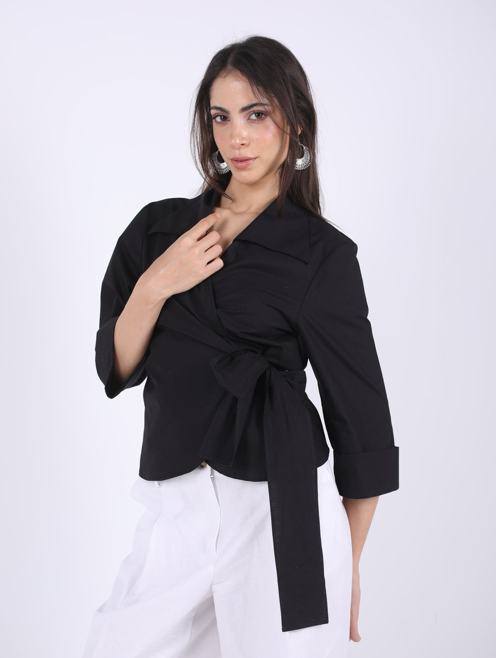 WRAP  BLACK COTTON  BLOUSE