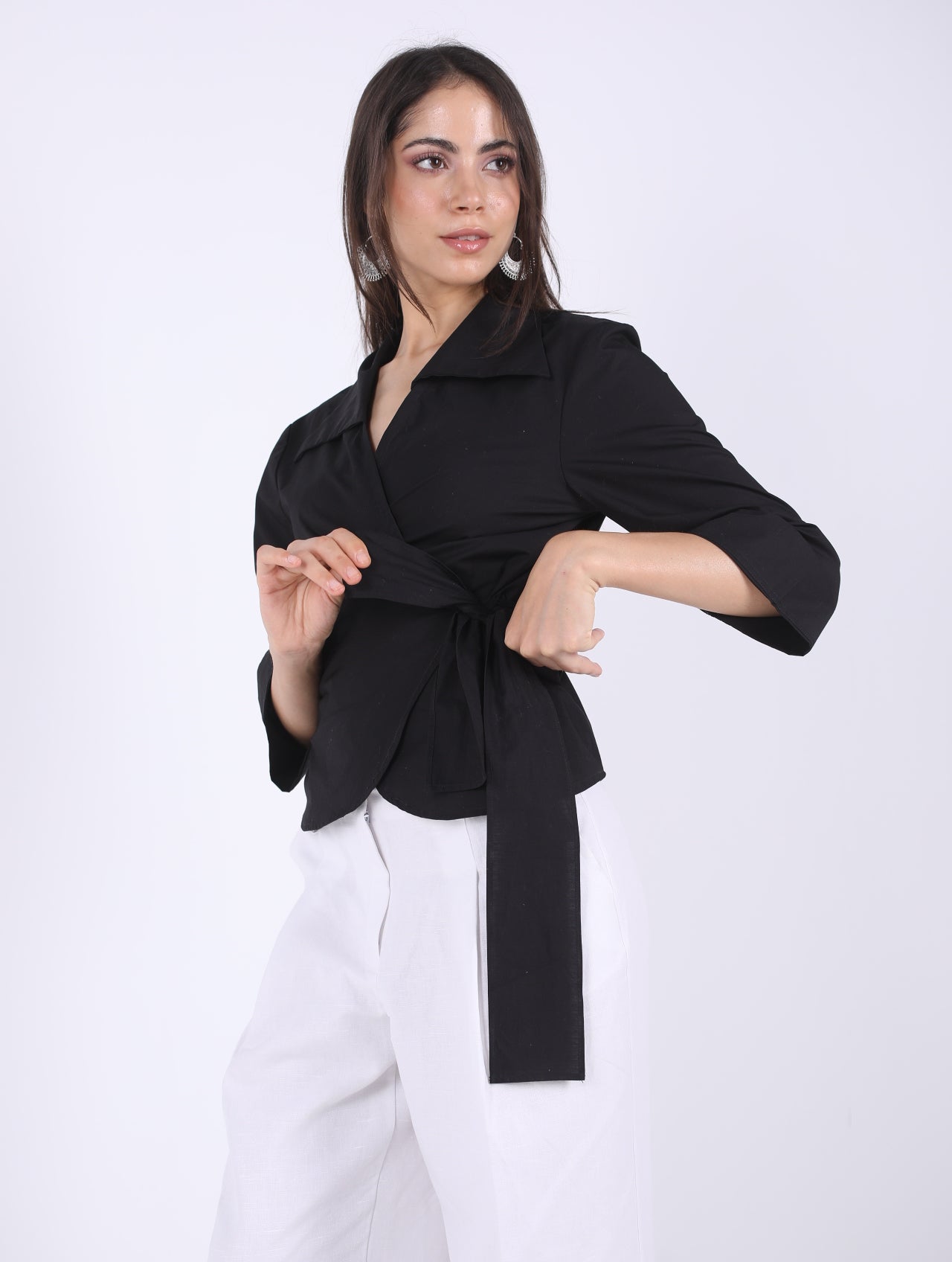 WRAP  BLACK COTTON  BLOUSE
