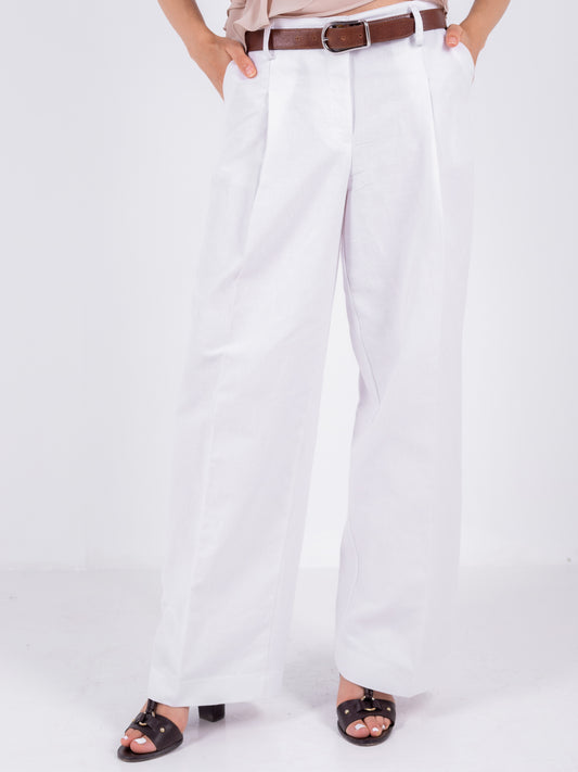 100% WHITE LINEN WIDE-LEG PANTS