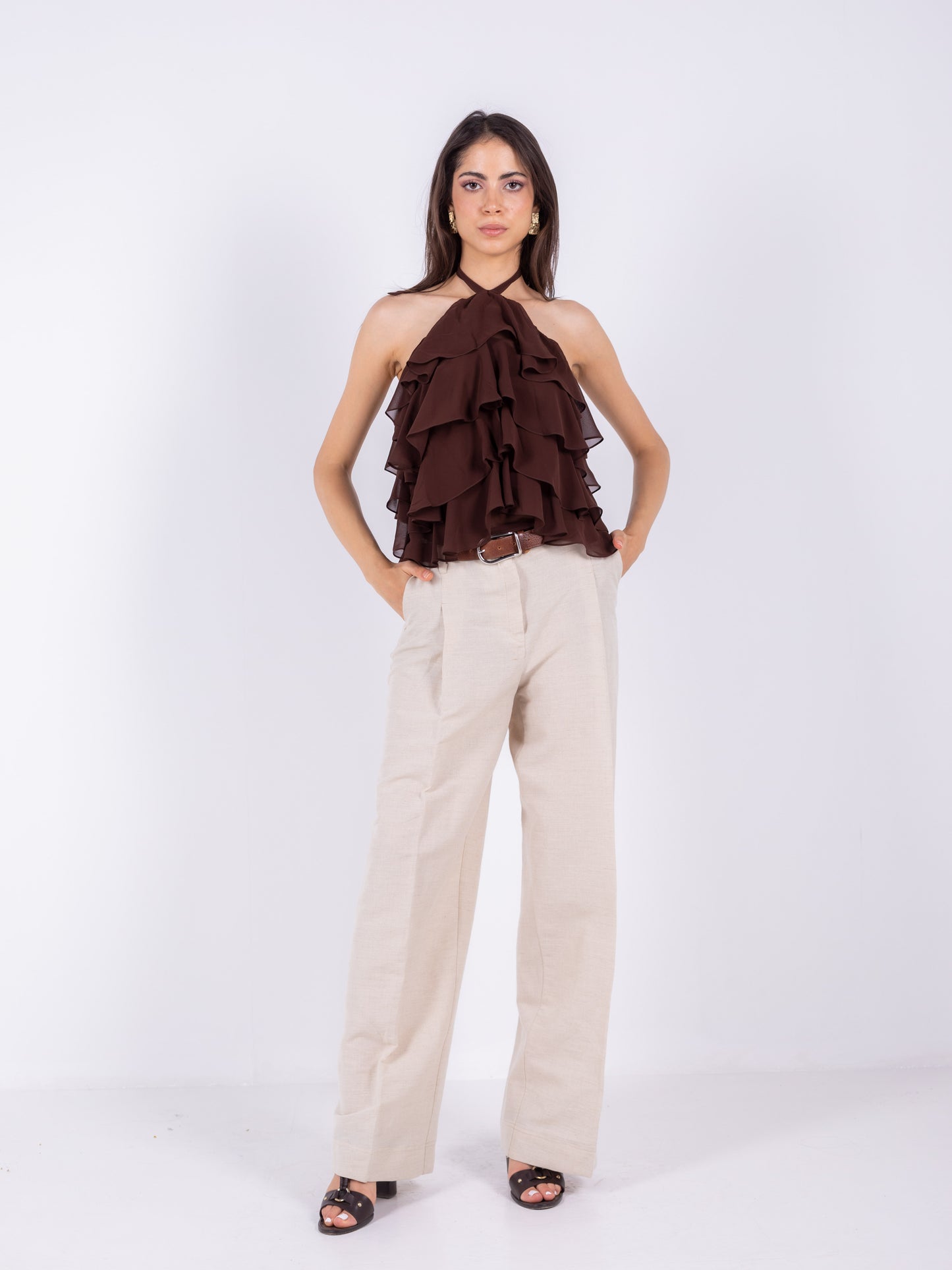 Brown Chiffon Ruffles Top