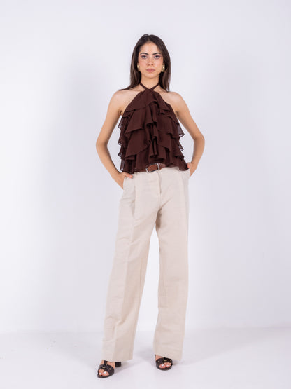 Brown Chiffon Ruffles Top