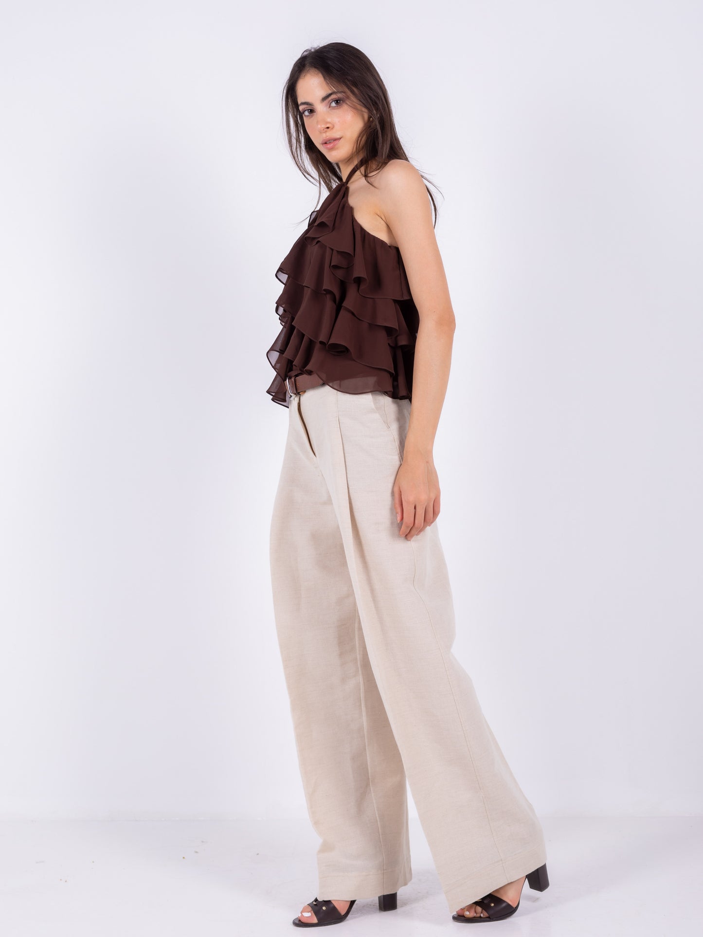 Brown Chiffon Ruffles Top