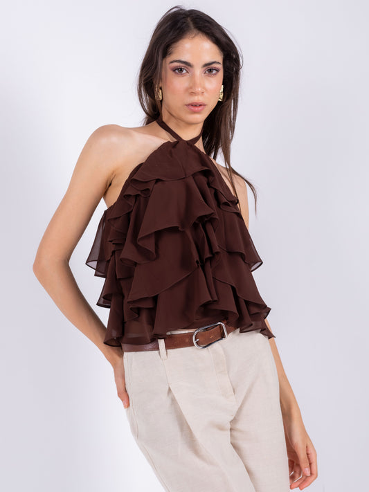 Brown Chiffon Ruffles Top