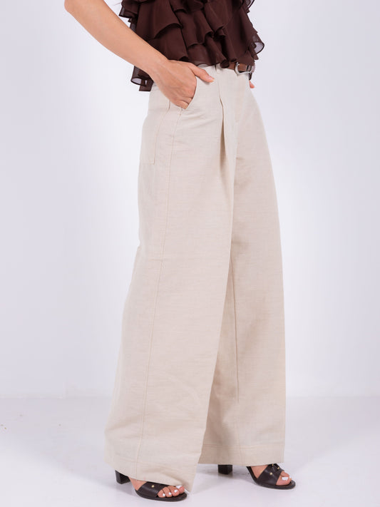 100%BEIGE LINEN WIDE-LEG PANTS
