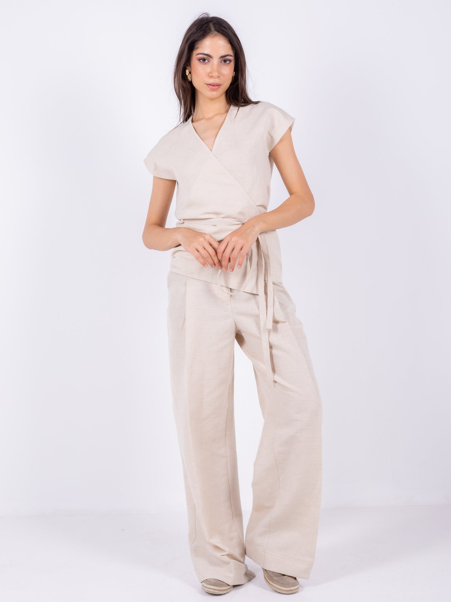 Beige Linen Crossover Kimono