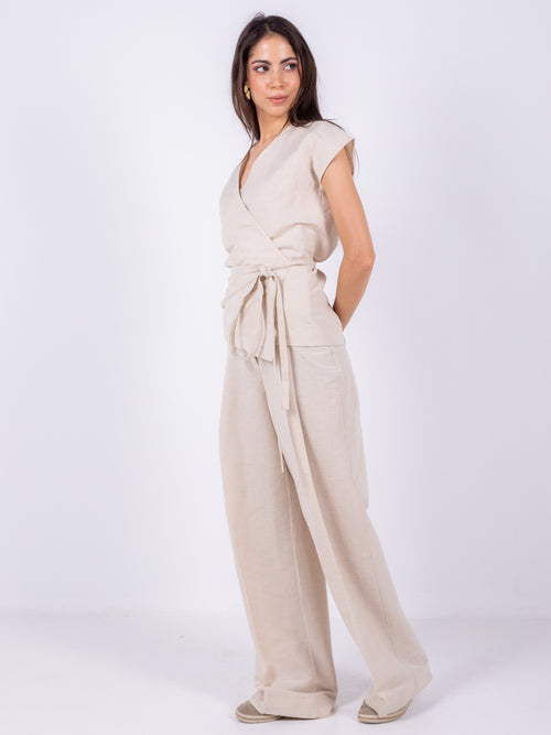 100% LINEN BEIGE WIDE-LEG PANTS
