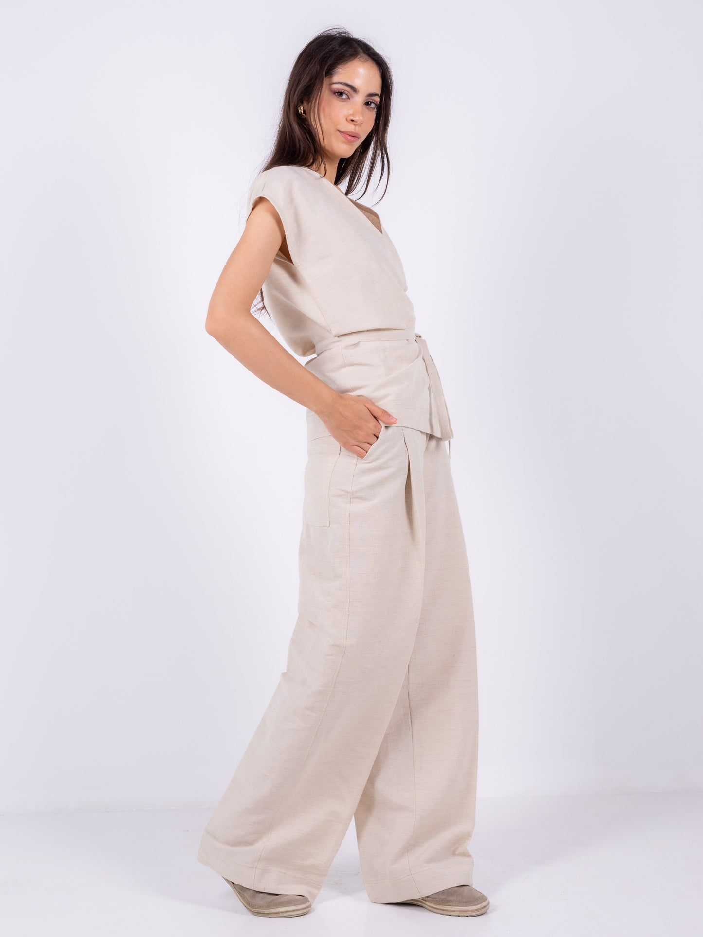 Beige Linen Crossover Kimono