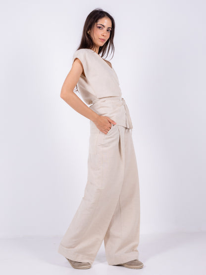 Beige Linen Crossover Kimono