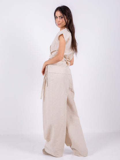 Beige Linen Crossover Kimono