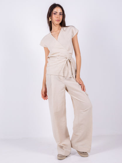100%BEIGE LINEN WIDE-LEG PANTS